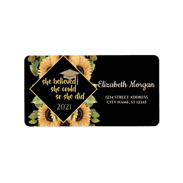 Etiqueta Purpurina de girasoles Graduate Cap (Frente)