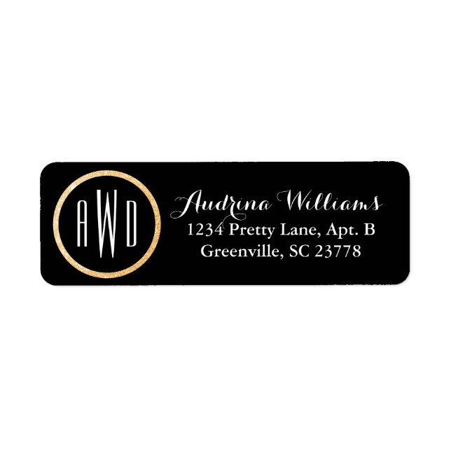 Etiqueta Purpurina de oro Monogramado Negro (Frente)