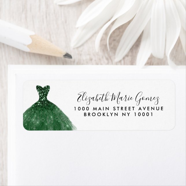 Etiqueta Purpurina Glam Emerald Green Silver Gown Quinceane (In situ)