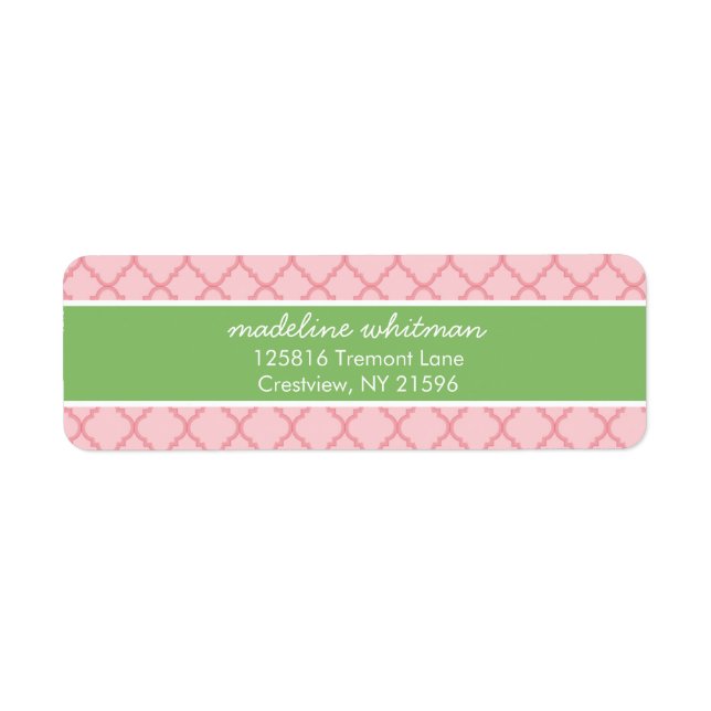 Etiqueta Quatrefoil rosa | Dirección Rosa y verde (Frente)