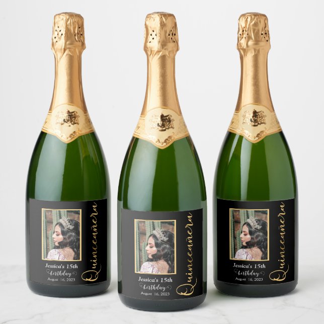 Etiqueta Quinceanera Gold Black Photo Champagne (Botellas)