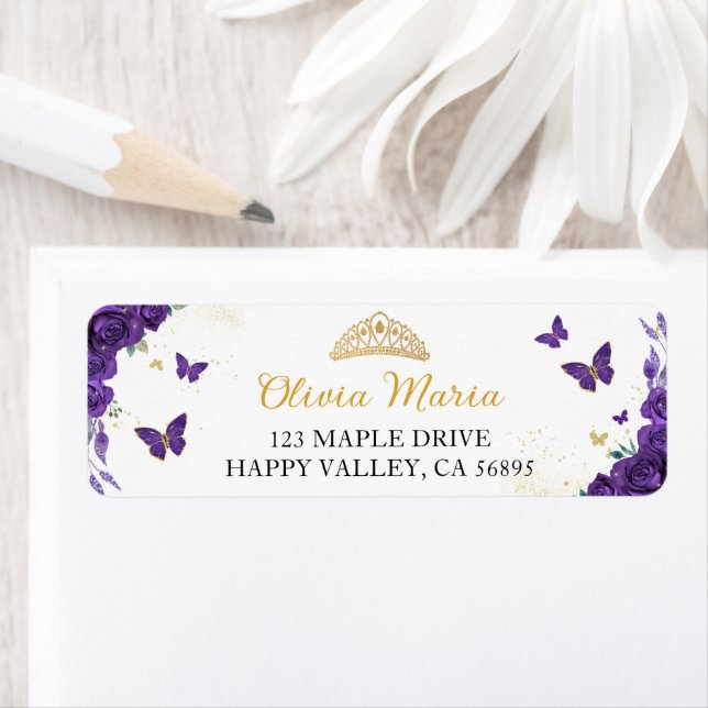 Etiqueta Quinceañera Purple Floral Butterflies (In situ)