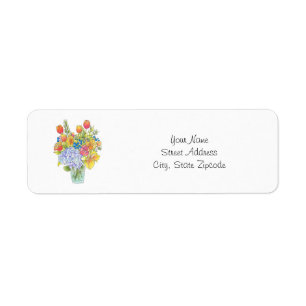 Etiqueta Ramillete floral de acuarela colorida, bolígrafo y