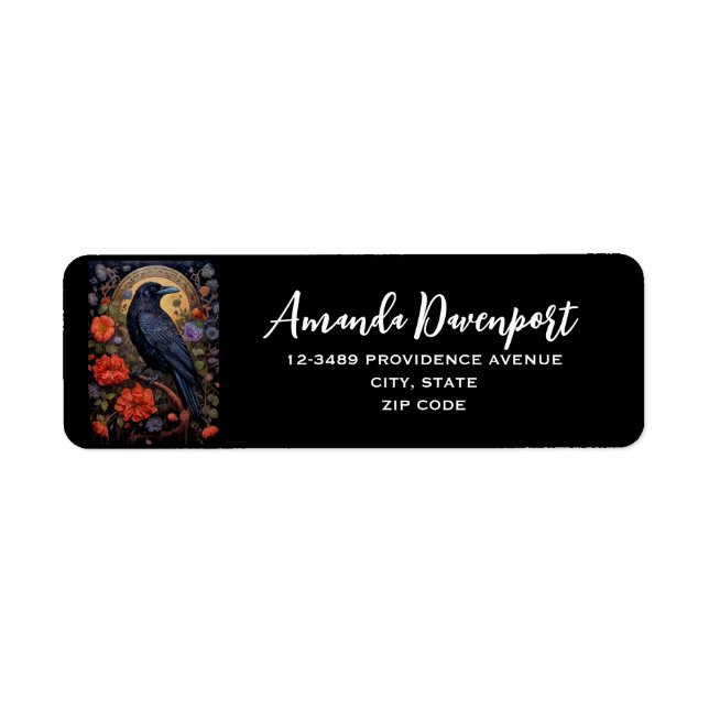 Etiqueta Raven negro con flores de diseño gótico (Frente)