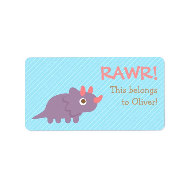 Etiqueta Rawr, Cute Purple Triceratops dinosaurio Para Niño (Frente)