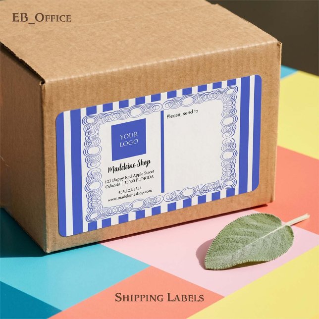 Etiqueta Rayas Azules & Marco Curvo & Logo (Chic Blue & White Stripes with Logo.
Size: 3.75” L x 2” W - Eight labels per sheet
)