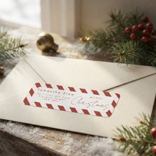 Etiqueta Rayas de Caramelo Rojo y Blanco Feliz Navidad