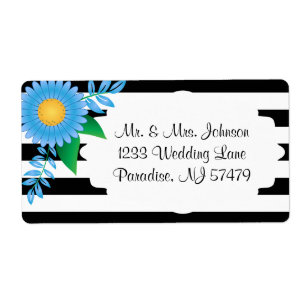 Etiqueta Rayas negras y blancas, flores del azul del oro el