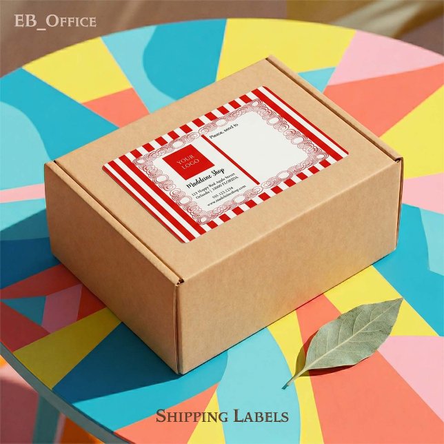 Etiqueta Rayas Rojas & Marco Curvo & Logo (Chic Red & White Stripes with Logo.
Size: 3.75” L x 2” W - Eight labels per sheet
)