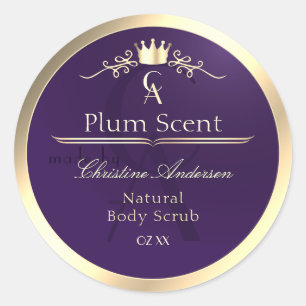 Etiqueta real de producto púrpura marco dorado y m