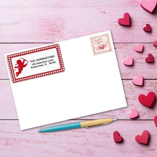 Etiqueta Red and White Plaid Gingham Valentine Cupid (Subido por el creador)