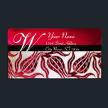 Etiqueta RED DAMASK VELVET TULIPS MONOGRAM Burgundy White<br><div class="desc">Elegant , classy and stylized tulip motifs rielaborated from antique Ottoman ceremonial kaftan made of Italian velvet ( 16 th century ) with a bright 3d gem. . Digital graphic design by Bulgan Lumini . Easy to customize with your own text as a wedding favor tag label , rsvp ,...</div>