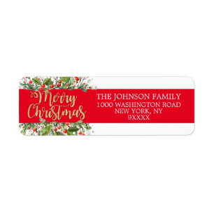Etiqueta RED Gold Purpurina Merry Christmas Holly