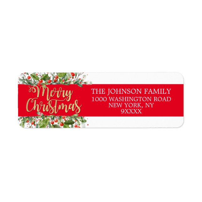 Etiqueta RED Gold Purpurina Merry Christmas Holly (Frente)