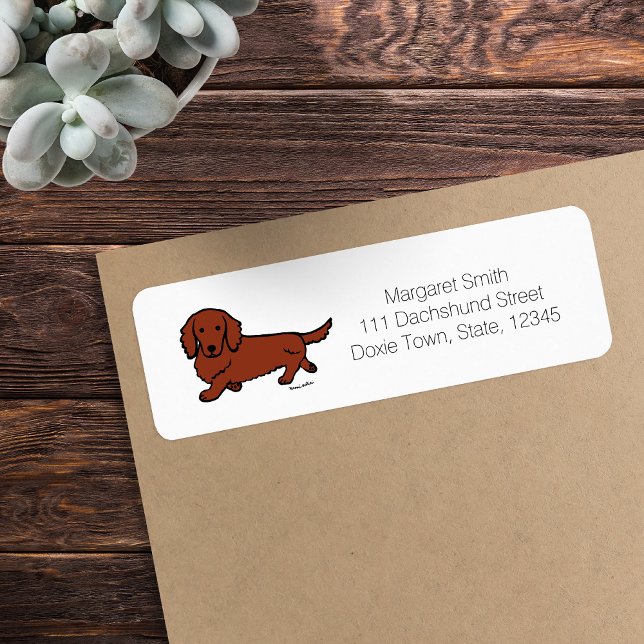 Etiqueta Red Long Haired Dachshund 1 (Red Long Haired Dachshund Return Address Label featuring Walking Dachshund.  Cute Cartoon Design.)