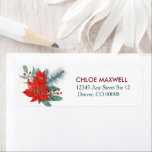 Etiqueta Red Poinsettia Border Return Address<br><div class="desc">These return address labels feature a colorful watercolor red poinsettia bouquet at the left side, with your custom text in red and teal at the right. A tiny spray of gold confetti falls over the floral image. The images and text are placed on a white background. If you need to...</div>