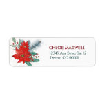 Etiqueta Red Poinsettia Border Return Address<br><div class="desc">These return address labels feature a colorful watercolor red poinsettia bouquet at the left side, with your custom text in red and teal at the right. A tiny spray of gold confetti falls over the floral image. The images and text are placed on a white background. If you need to...</div>