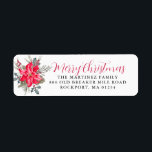 Etiqueta Red Poinsettia Merry Christmas Return Address<br><div class="desc">Diseñado para la coordinación con la colección botánica Red Poinsettia. Las flores rojas de la poinsettia están enclavadas en bayas y ramas de pino. Feliz Navidad está escrito en un guión rojo clásico.</div>