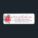 Etiqueta Red Poinsettia Merry Christmas Return Address<br><div class="desc">Diseñado para la coordinación con la colección botánica Red Poinsettia. Las flores rojas de la poinsettia están enclavadas en bayas y ramas de pino. Feliz Navidad está escrito en un guión rojo clásico.</div>
