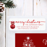 Etiqueta Red White Bauble Merry Christmas Return Address<br><div class="desc">Elegantes y elegantes etiquetas de retorno para Navidades (Navidad) Tarjetas de felicitación de vacaciones / sobres. Baudible rojo adorno,  fondo blanco. Letras blancas modernas para el nombre y la dirección de la familia. El color de la letra y el tipo de letra pueden cambiarse.</div>