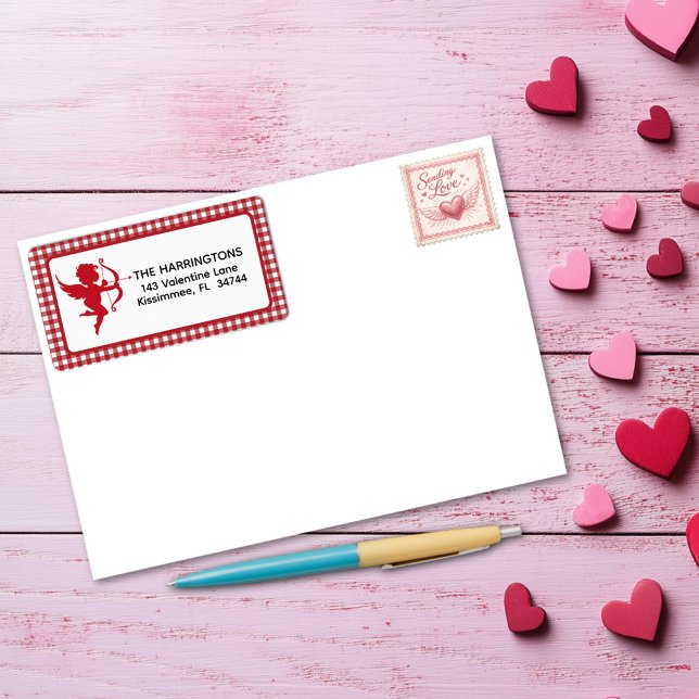 Etiqueta Red & White Plaid Gingham Valentine Cupid & Bow (Subido por el creador)