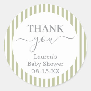 Etiqueta redonda de baby shower de rayas verde sag
