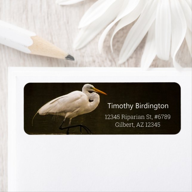 Etiqueta Reflejo De Pájaros Blancos Grandes Egret En Agua (In situ)