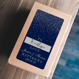 Etiqueta Regalo de Boda de confetti azul y glam plateado de