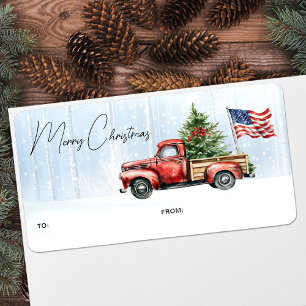Etiqueta Regalo de Navidad Feliz Camioneta Roja Vintage Pat