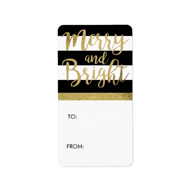 Etiqueta Regalo de navidad "Merry & Bright" de franja negra (Frente)