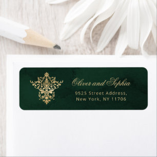 Etiqueta Regreso ornamental del Boda Real Elegante y Verde 