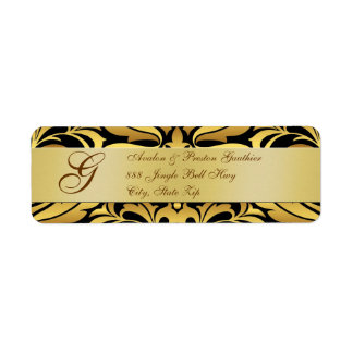 Etiqueta Relieve metalizado dorado Damask Monograma Año nue