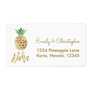 Etiqueta Relieve metalizado dorado Script Boda Aloha Pineap