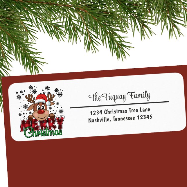 Etiqueta Reno lindo en Santa Hat Feliz Navidad (Cute Reindeer in Santa Hat Merry Christmas Address Label)
