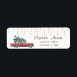 Etiqueta Retro Car Pine Tree Christmas String Lights<br><div class="desc">Retro car with pine tree,  and string lights on white background. An elegant and sophisticated design. Customize with your name and address details.</div>