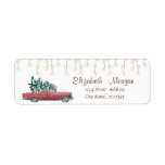 Etiqueta Retro Car Pine Tree Christmas String Lights<br><div class="desc">Retro car with pine tree,  and string lights on white background. An elegant and sophisticated design. Customize with your name and address details.</div>
