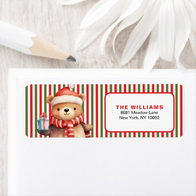Etiqueta Retro Christmas Stripe Pattern & Teddy Bear Custom (In situ)