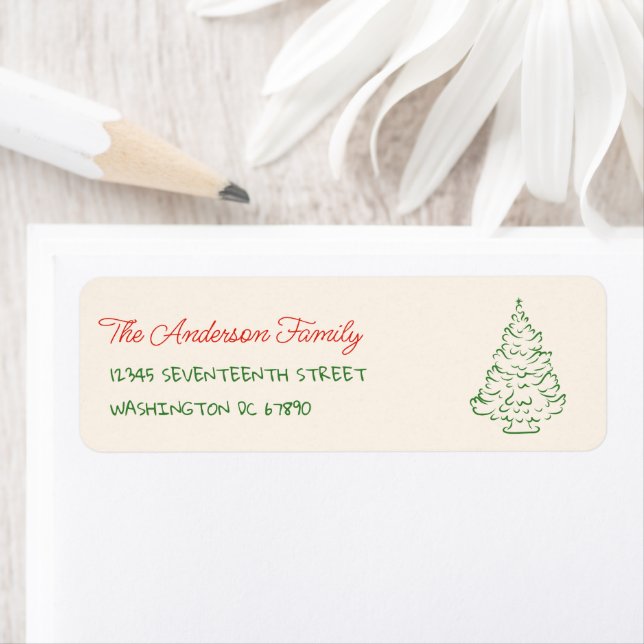 Etiqueta Retro Hand Drawn Red Green Christmas Tree Adress (In situ)