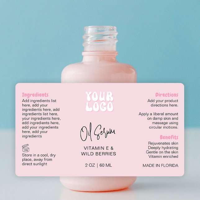 Etiqueta Retro Pink 2oz Dropper Bottle Wraparound (Trendy Retro White & Pink 2OZ* cosmetic bottle wrap around label with your logo *verify size)