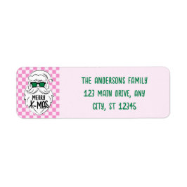 Etiqueta Retro Pink Green Checkered Santa Claus Christmas