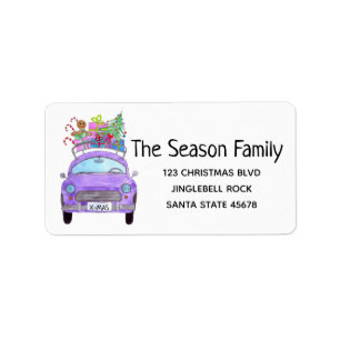Etiqueta Retro Purple Car with Christmas Gifts