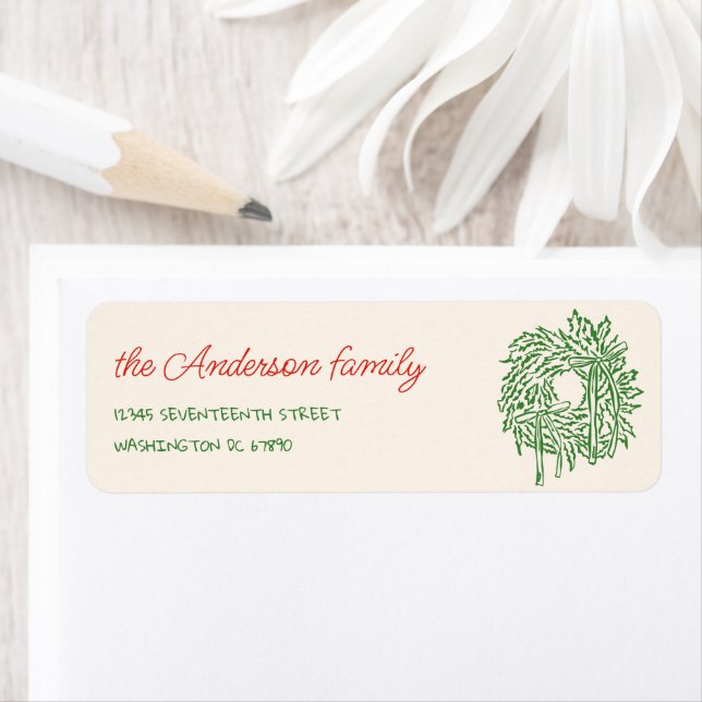 Etiqueta Retro Red Green Hand Drawn Bow Wreath Christmas (In situ)