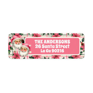 Etiqueta Retro Rosa Santa Claus Navidades Floral Plaid