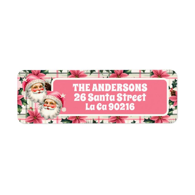 Etiqueta Retro Rosa Santa Claus Navidades Floral Plaid (Frente)