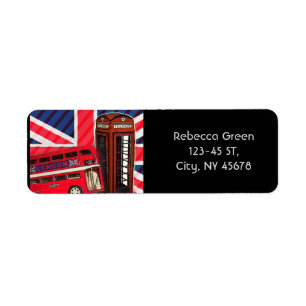 Etiqueta Retro Union Jack London Bus cabina telefónica roja