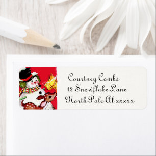 Etiqueta retro vintage snowman y reno