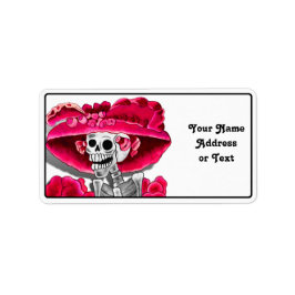 Etiqueta Ríe mujer esqueleto en Red Bonnet