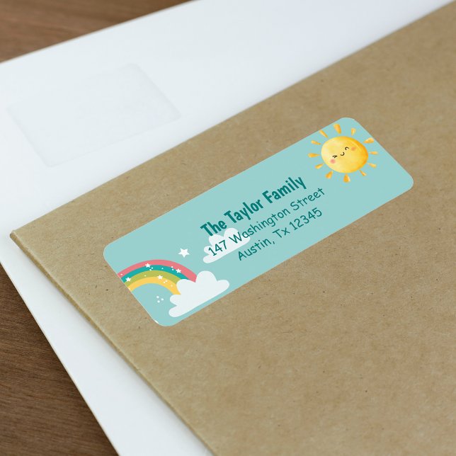 Etiqueta Ritmo arcoiris Sunny Niños Fiesta Graduación Direc (Rainbow Sunny Kids Party Graduation Return Addres Label)