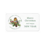 Etiqueta Robin, holly, pine Christmas return address label<br><div class="desc">This design features Red Robin with an arrangement of pine branchlet,  pine cones,  holly,   mistletoe,  red berries and slegh bells. You can change text according to your requirements</div>