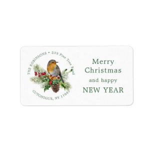 Etiqueta Robin, holly, pine Christmas return address label